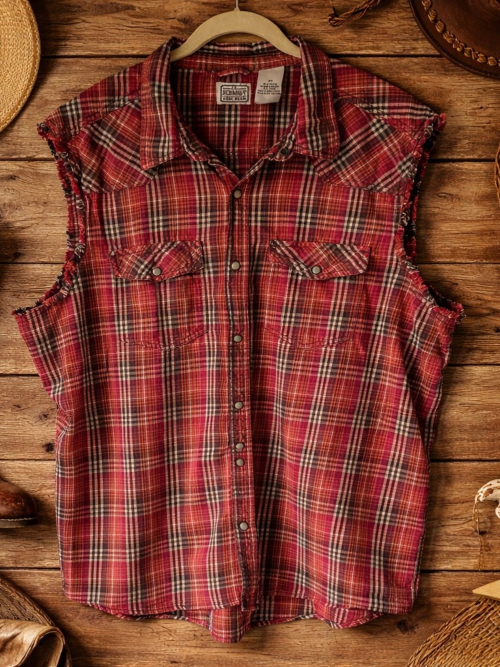 CE Schmidt Workwear Shirt 2X Sleeveless Plaid Pearl Snap Western Red Top